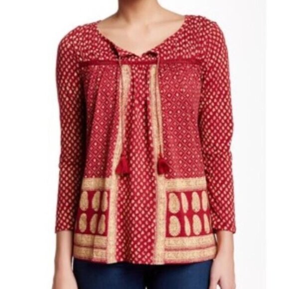 Lucky Brand Ditsy Peasant Long Sleeve Tunic Top Blouse Size Medium Boho Casual - Picture 1 of 13